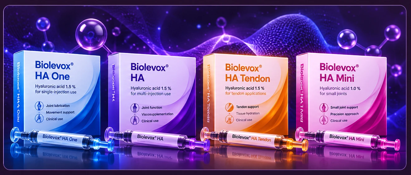 Illustrative artwork of four Biolevox injectable formulations: HA One, HA, HA Tendon and HA Mini