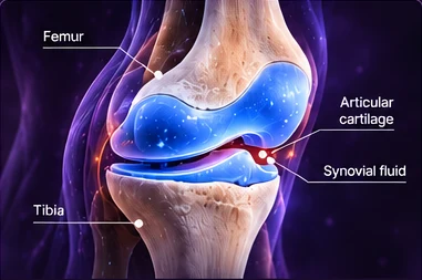 Illustration of knee cartilage, bones and joint fluid