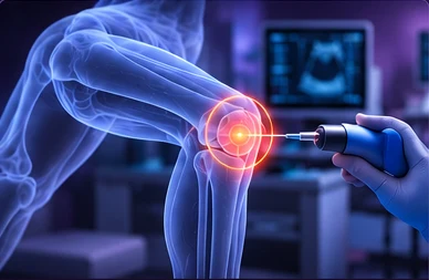 Illustration of a clinician administering a knee injection
