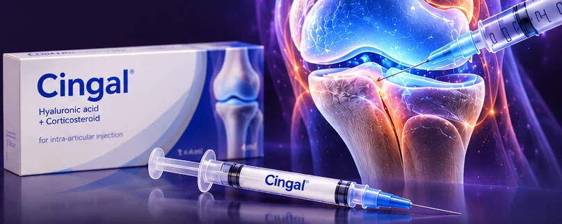 Medical illustration of a knee joint and a Cingal injection product