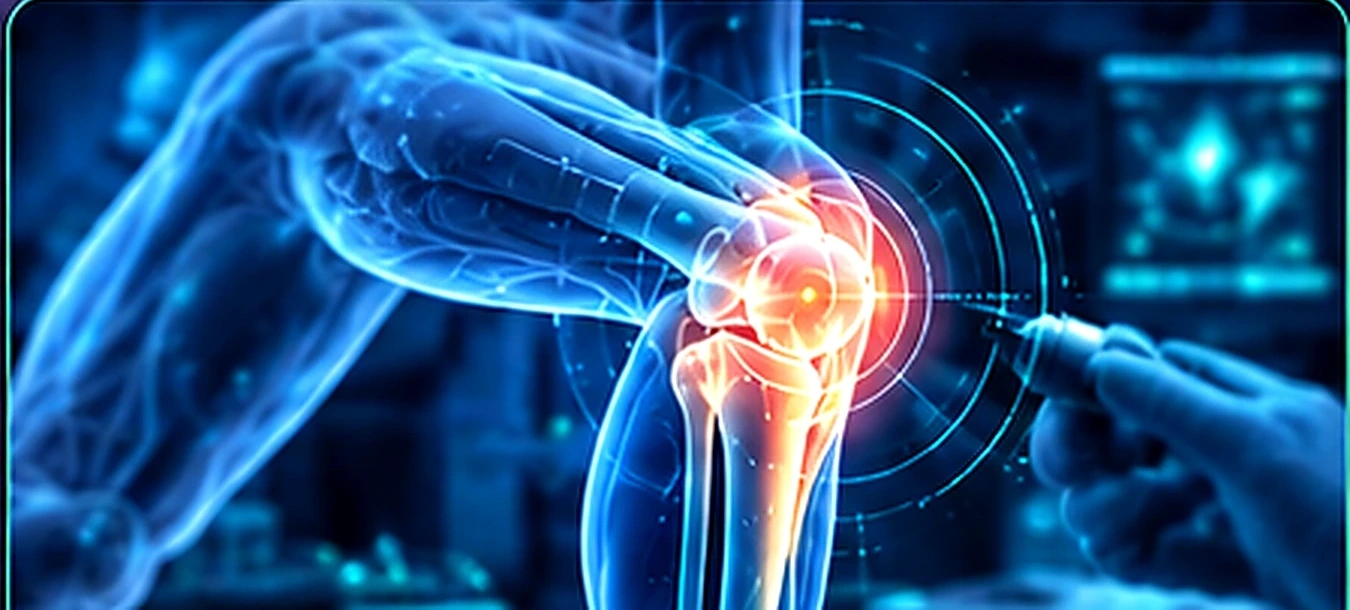 Illustration of a clinician assessing a knee; not an injection technique guide
